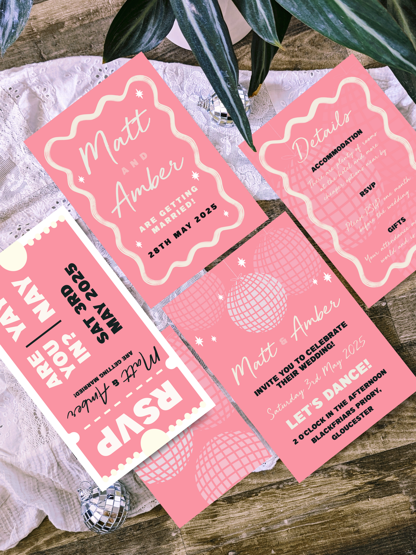 Dance the night away Set / Pink retro, disco / wedding stationery 3 piece send outs